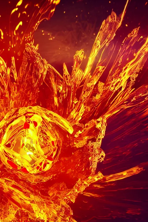 Prompt: A single elemental fire crystal glowing with power, Alone, Surrounded by darkness, concept art, illustration, burning hot and covered in flowing fluid art. Magic Stone. Ruby Stone. Liquid Gold. Crystal structure. Glowing Hot. Spirals. Melting. Intricate. Hyper Real. 4K. Octane Render. Empty Background. Black Background.