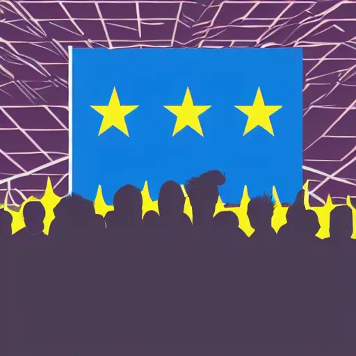 Image similar to silhouettes of a rock band performing in front of a huge eu flag, vector graphics