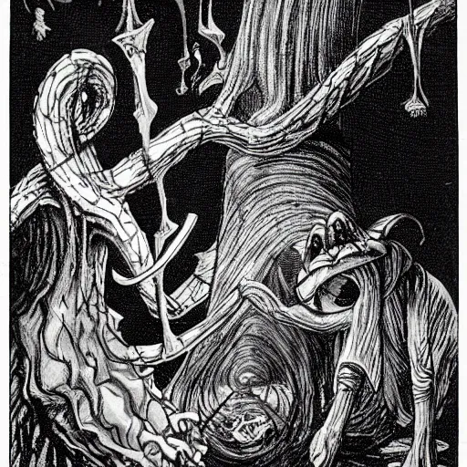 Prompt: twas brillig, and the slithy toves did gyre and gimble in the wabe all mimsy were the borogoves, and the mome raths outgrabe | by lewis carroll and hp lovecraft with doctor seuss and hr giger