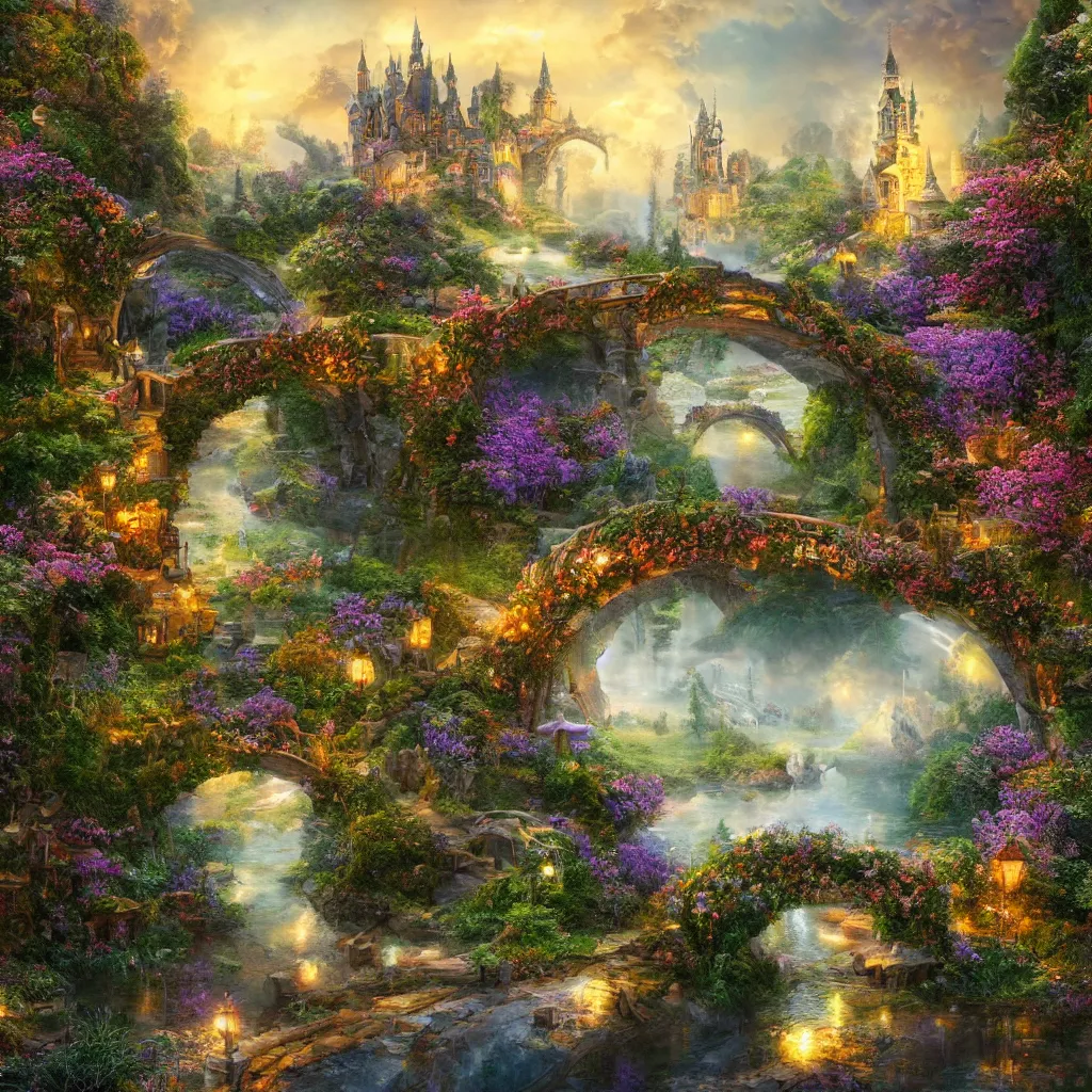 Prompt: 3 d high relief painting of fairyland bridge, outside of time and space, dreamy, romantic, night lighting, highly detailed, 8 k