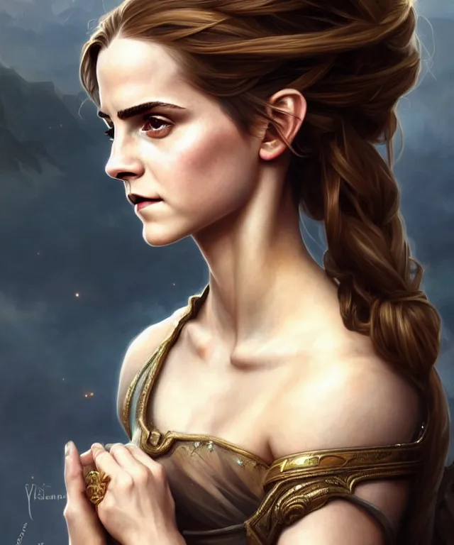 Image similar to Emma watson Muscular and powerful medieval noble woman portrait, sci-fi, amber eyes, face, long hair, fantasy, intricate, elegant, highly detailed, digital painting, artstation, concept art, smooth, sharp focus,8k, illustration, art by artgerm and greg rutkowski and alphonse mucha