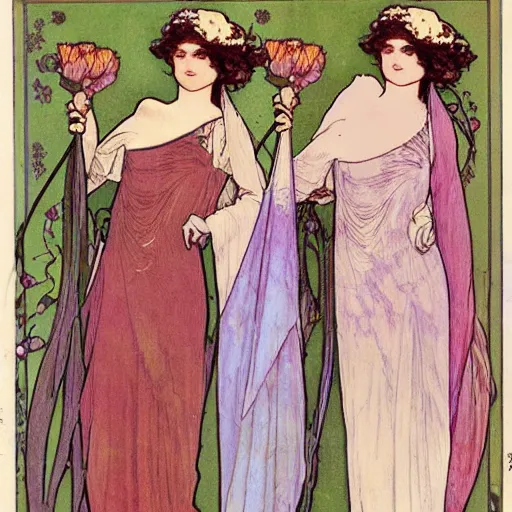 Prompt: pressed flowers drapped with robes art nouveau mucha