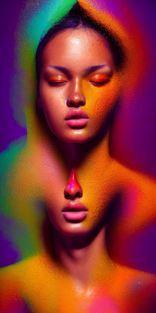 Image similar to photo half body portrait of very beautiful woman, face emerging from pool of colorful oils, brown skin, realism, extreme detail, real life, key art, soft light, volumetric light, 3 - d shadows, photo by james jean and wlop, photoshoot