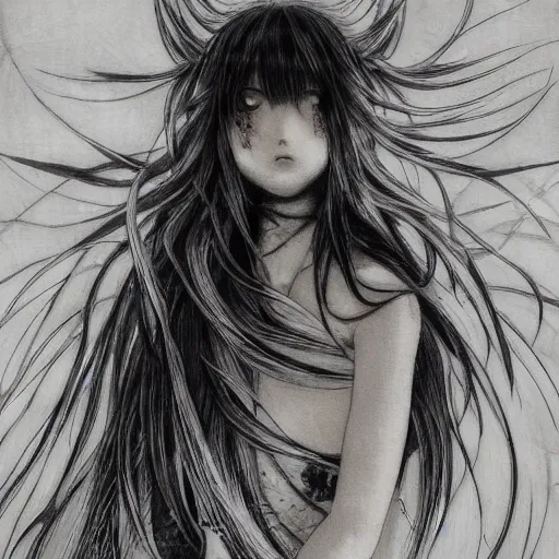 Image similar to yoshitaka amano blurred and dreamy illustration of an anime girl with black eyes, wavy white hair fluttering in the wind and cracks on her face wearing elden ring armor with engraving, abstract black and white patterns on the background, noisy film grain effect, highly detailed, renaissance oil painting, weird portrait angle, three quarter view, head turned to the side