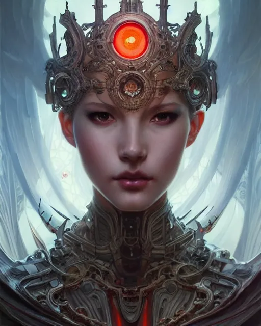 Image similar to concept art by artgerm, attractive i robot demon queen with crown and red eyes, soft natural light, intricate, elegant, highly detailed, digital painting, artstation, concept art, smooth, sharp focus, illustration, art by by gaston bussiere and greg rutkowski and alphonse mucha and uang guangjian and gil elvgren, symmetry!!