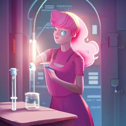 Prompt: princess bubblegum doing chemistry in a lab, matte art by ross tran