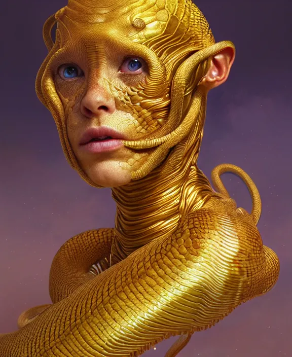 Prompt: intricate golden portrait of a disturbing beautiful alien snake creature, mottling coloring, adorable, childlike, medical equipment hospital environment, ultra realistic, concept art, art nouveau, photorealistic, octane render, 8 k, unreal engine. art by christopher marley and artgerm and greg rutkowski and alphonse mucha