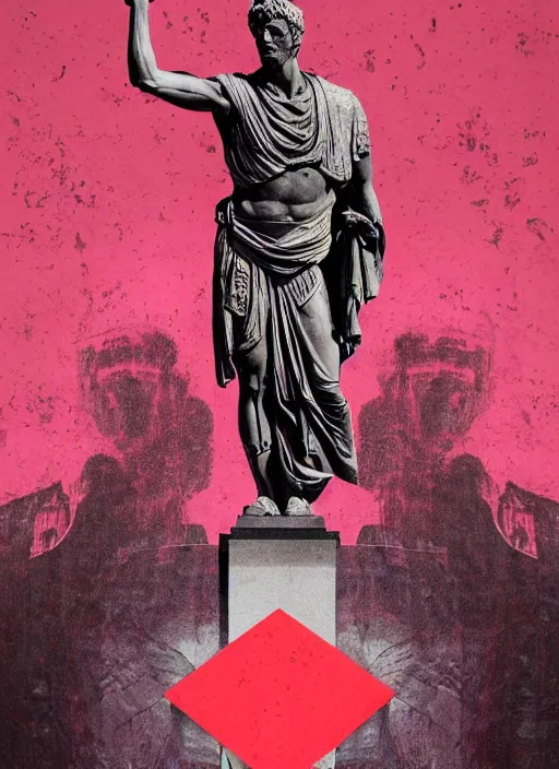 Prompt: design poster showing a statue of julius caesar, black background with very subtle red and purple design elements, powerful, nekro, graphic design, collage art, thin lines, dark, glitch art, neo vaporwave, gritty, layout frame, square, trending on artstation