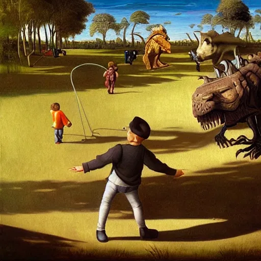 Prompt: dream a kid at the park walking a trex on a leash, renaissance oil painting by George Lucas and Jarosław Jaśnikowski and Dan Mumford, hyperralistic, hyperdetailed