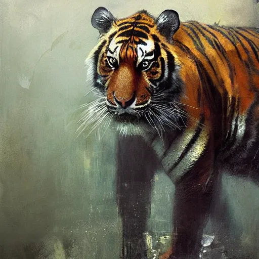 Image similar to tiger and crocodile hybrid animal, painting by jeremy mann