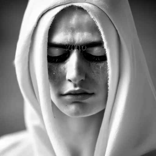 Prompt: minimalist photography portrait of a germanic pagan woman, sad, crying, tear, early middle ages, heathen warrior, symmetrical, super close up, mid thirties, cute round slanted eyes, caucasian, wide nostrils, high cheekbones, full cheeks, high flat eyebrows, ethereal essence, leica 1 0 0 mm f 0. 8