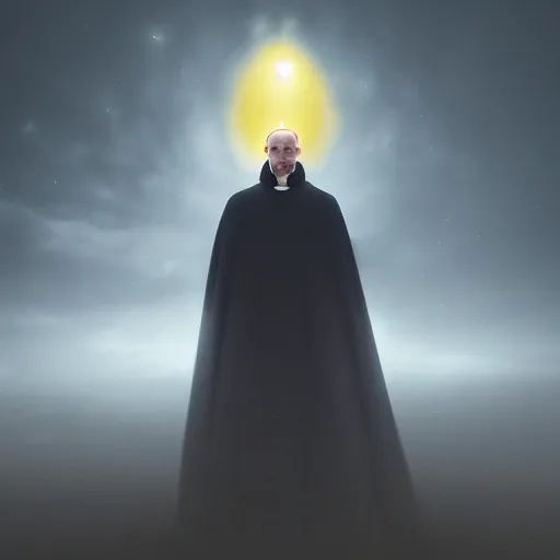 Image similar to Digital portrait of a terrified catholic priest in his thirties kneeled in fervent prayer at the top of a medieval tower. Looking up with eyes wide open with fear looking straight at the viewer. Dressed in white. An ominous yellow shadow is descending upon him from the night sky. Award-winning digital art, trending on ArtStation