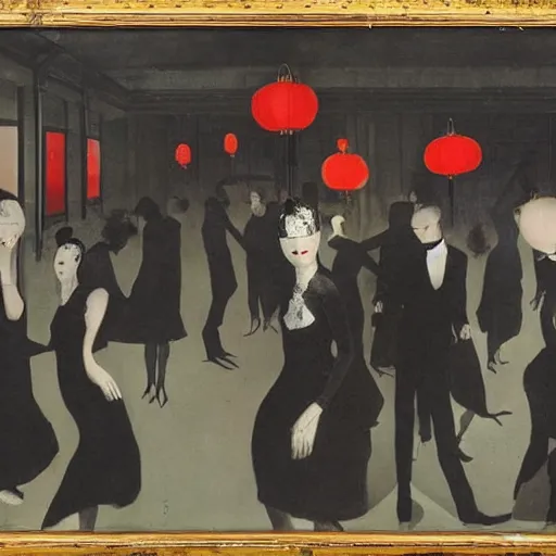 Image similar to a tiny dark black night club with a few red chinese lanterns, people's silhouettes close up, people dancing, surrealism, by romaine brooks