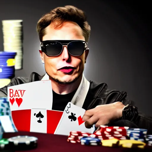 Prompt: picture of elon musk wearing sunglasses and shuffling cards in the game of poker, good lighted photo, sharp details, detailed, hd, hdr