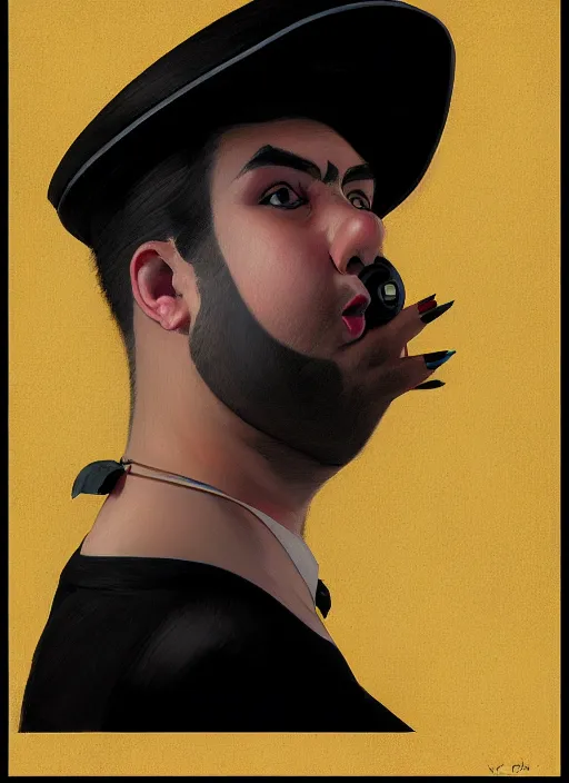 Prompt: portrait of a plump man with a crooked nose and a confident expression, 1 9 6 0 s, black clothes, goth, punk, brightly coloured hair, funk, intricate, elegant, highly detailed, digital painting, artstation, concept art, smooth, sharp focus, illustration, art by wlop, mars ravelo and greg rutkowski