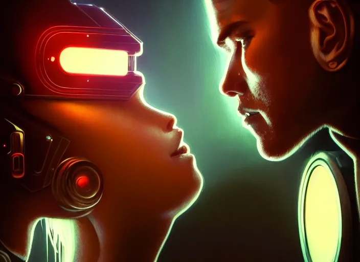 Image similar to ultra realistic medium shot of a couple of cyborgs kissing, lovers, cyberpunk, sci - fi, fantasy, kodak, colour led, soft light, volumetric lighting, night, intricate, highly detailed, digital painting, concept art, smooth, sharp focus, illustration, art by artgerm and greg rutkowski and alphonse mucha