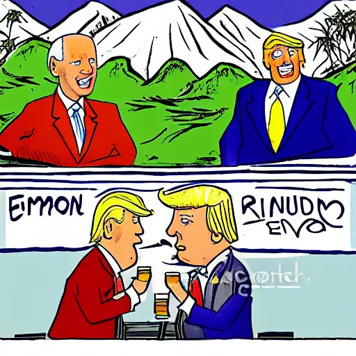 Image similar to cartoon drawing of Biden and Trump together drinking a lemon drink with Rio de Janeiro mountains on the background