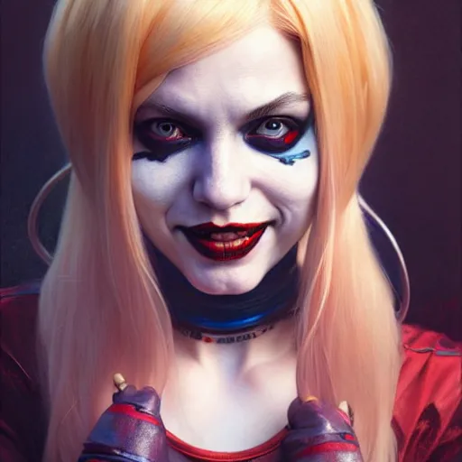 Image similar to portrait painting of harley quinn, ultra realistic, concept art, intricate details, eerie, highly detailed, photorealistic, octane render, 8 k, unreal engine. art by artgerm and greg rutkowski and charlie bowater and magali villeneuve and alphonse mucha