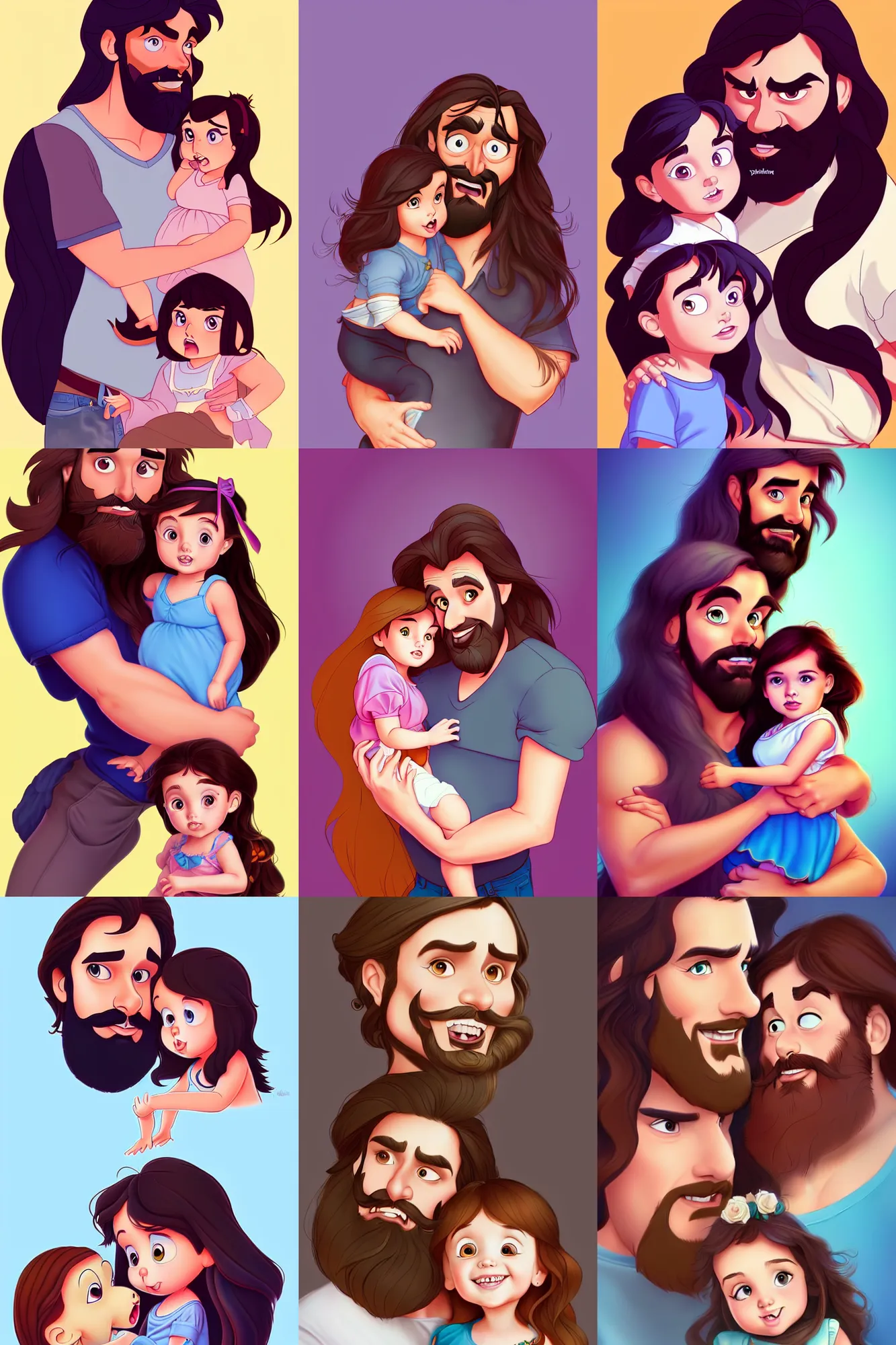 Image similar to a long - haired bearded father and his brunette child toddler girl full color digital illustration in the style of don bluth, artgerm, artstation trending, 4 k