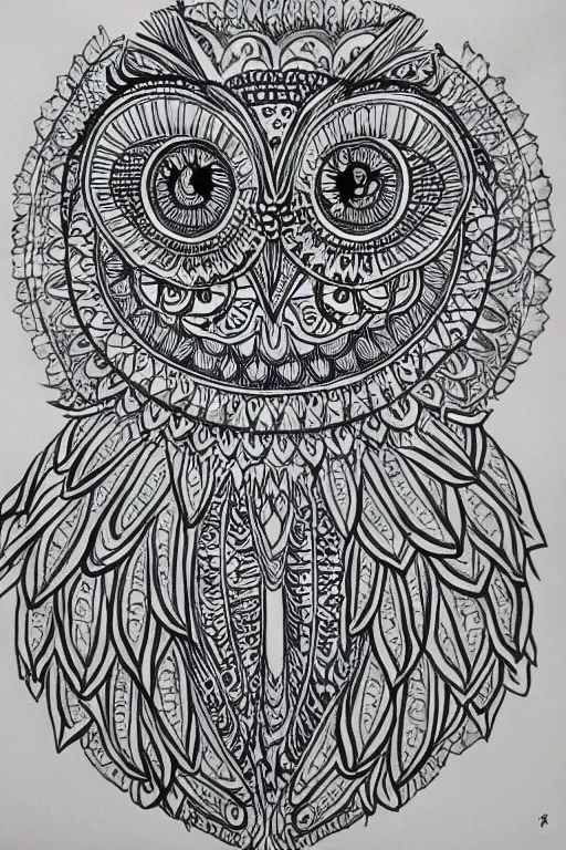 Image similar to symmetric owl mandala ink drawing