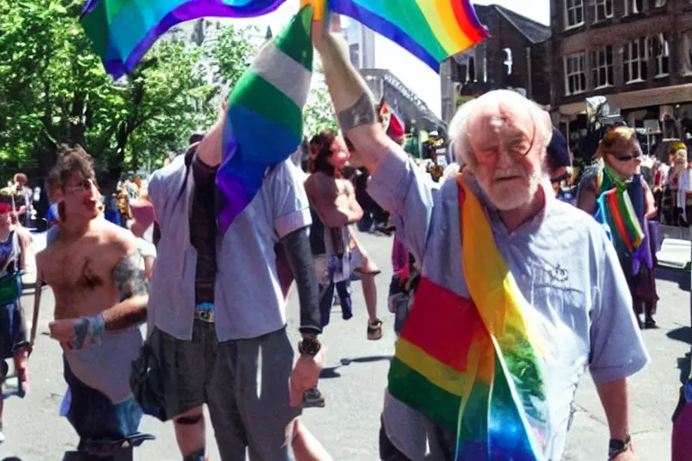 Image similar to dumbledore at a gay pride parade