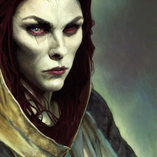 Image similar to closeup portrait of a surly and resentful female tiefling thief with grit and small horns clothed in leather armor and a cloak, angry expression, by Greg Rutkowski and John Collier and Krenz Cushart and Artem Demura and Alphonse Mucha and Albert Aublet, as seen on ArtStation, 4k, dungeons and dragons, very aesthetic, very detailed, intricate, unreal, fantasy, dramatic, painterly, artstation, sharp focus, smooth