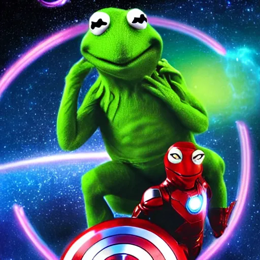 Image similar to the avengers battle one kermit the frog in space, galaxy, hd, 8 k, explosions, gunfire, lasers, giant, epic, colorful, realistic photo, unreal engine, stars, prophecy, powerful, cinematic lighting, destroyed planet, debris, justice league, movie poster, violent, sinister, ray tracing, dynamic, print, epic composition