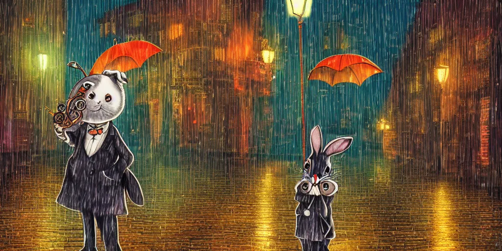 Image similar to a time traveling rabbit holding a pocket watch and an umbrella, rainy night, city lights, streetlights, digital art, sharp, 1 9 8 0 s style