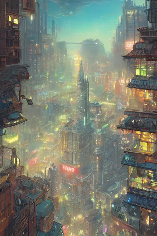 Prompt: a retrofuturistic steampubk city by thomas kinkade, moebius and makoto shinkai, highly detailed, cinematic composition, trending on artstation