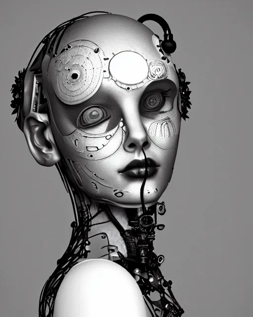 Image similar to black and white dreamy foggy profile face portrait, one steampunk eye biomechanical beautiful young female cyclope - cyborg - robot bust, body ribs meshes,, volumetric light, hibiscus flowers, by hg giger, rim light, by dora maar and cecile beaton, big gothic fashion pearl embroidered collar, 8 k
