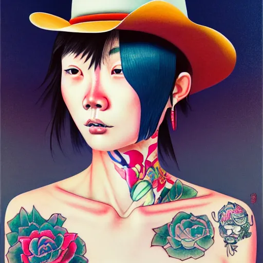 Image similar to full view, from a distance, of taiwanese girl with tattoos, wearing a cowboy hat, style of yoshii chie and hikari shimoda and martine johanna and edward hopper and james gilleard and zdzislaw beksisnski, highly detailed
