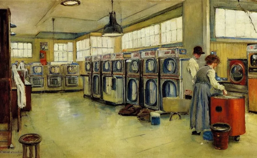 Prompt: interior of a modern laundromat, stanhope forbes, impressionist painting