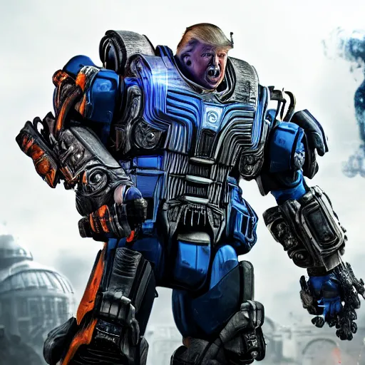 Image similar to donald trump! as optimus prime in ( gears of war ), splash art, maga, patriot, movie still, detailed face, photorealistic facial features, cinematic lighting, dramatic, octane render, long lens, shallow depth of field, bokeh, anamorphic lens flare, 8 k, hyper detailed, 3 5 mm film grain