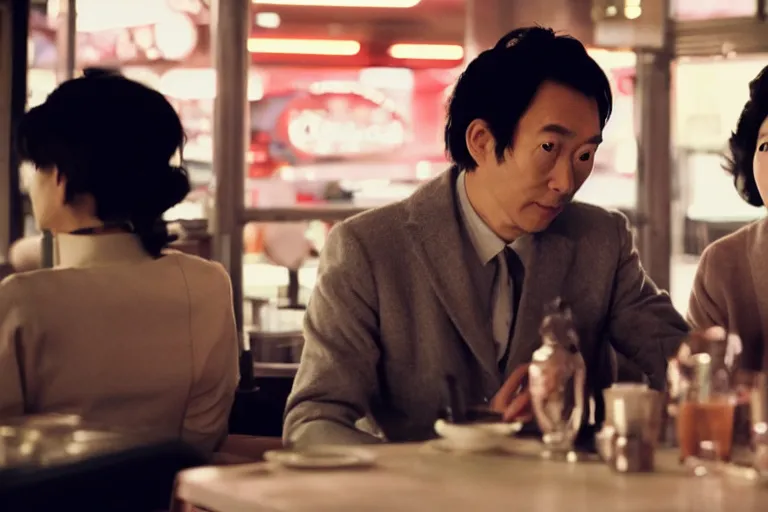 Prompt: movie interior closeup beautiful Japanese couple closeup sitting and talking at 50s diner, night in the city, beautiful skin, by Emmanuel Lubezki