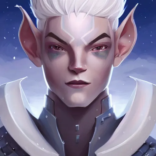 Image similar to face icon stylized minimalist, handsome snow elf with albino skin, ornate silver armour, androgynous, frosty demeanor, loftis, cory behance hd by jesper ejsing, by rhads, makoto shinkai and lois van baarle, ilya kuvshinov, rossdraws global illumination