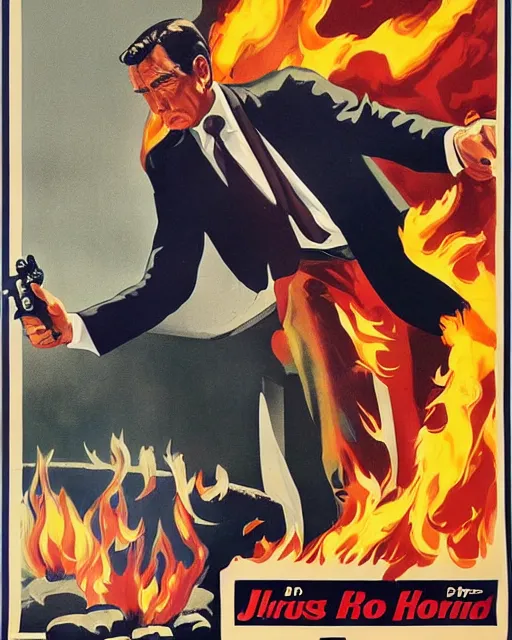 Image similar to “ a james bond style pulp poster illustration of handsome big tex on fire, movie premiere poster, close up, portrait, dramatic, 1 9 6 0 s, highly detailed ”