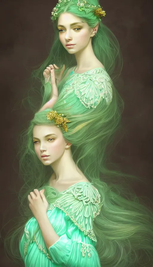 Image similar to Portrait of dreamy and ethereal women with light green eyes wearing mint green ornate frilly dress, peaceful expression, fantasy, intricate, elegant, beautiful, digital art, beautiful dynamic lighting, golden ratio, highly detailed, digital painting, trending on artstation, concept art, smooth, sharp focus, illustration, photo realistic, art by artgerm and greg rutkowski and alphonse mucha 8K