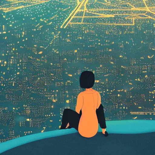 Image similar to a girl sitting on a hill watching the night view of a busy city from a distance, by Victo Ngai, artstation, Detail, HD