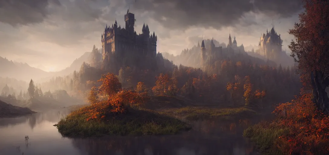 Prompt: beautiful render of a autumn landscape, unreal engine, dark fantasy style, first light, majestic mountains, swamps, morning mist, dramatic clouds, big castle ruin, soft light, octane render, by greg rutkowski, cgsociety