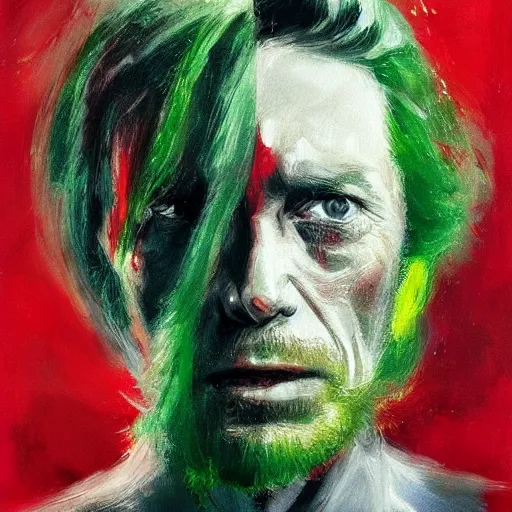 Image similar to peter otoole, hair green, face white, lips red, portrait, impressionistic, concept art