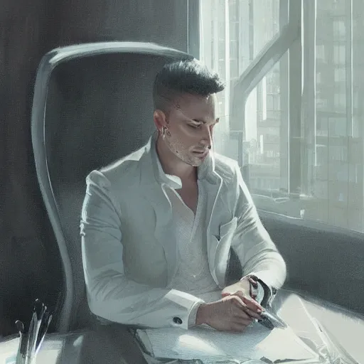 Prompt: a man wearing a white jacket a d he is working at his office by greg rutkowski