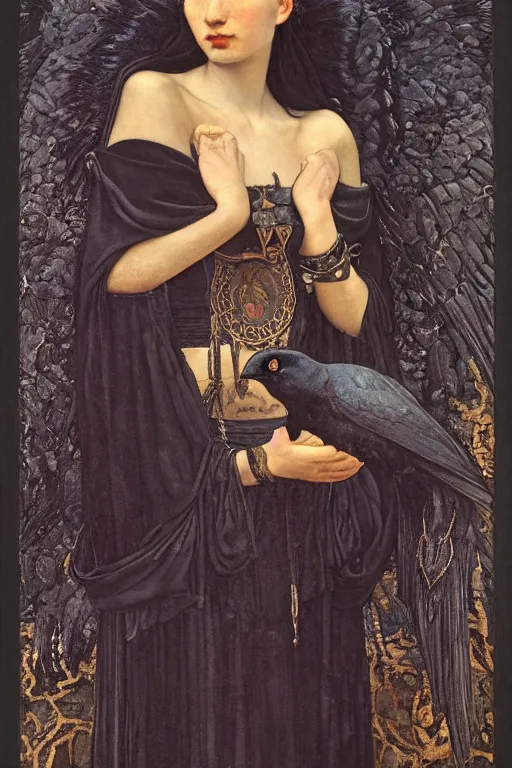 Image similar to a goth shaman with the head of a raven, by Annie Swynnerton and Nicholas Roerich and John Bauer and John William Godward and Donato Giancola and Vermeer, black leather and embroidered velvet, iridescent beetles, rich color, dramatic cinematic lighting, featured on Artstation, extremely detailed