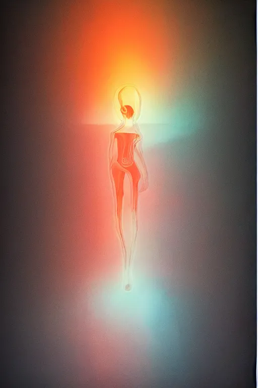 Prompt: human silhouette, large diffused glowing aura, film grain, art by janice sung