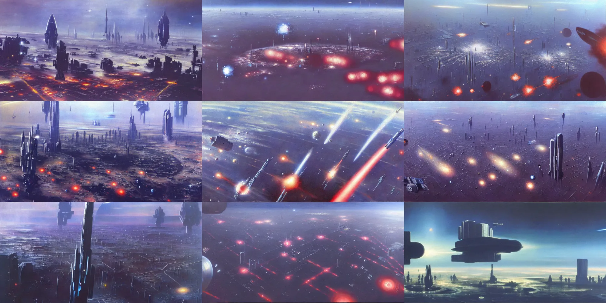 Image similar to a painting of low earth orbit space city under war by john harris. sharp edges. 8 k. ultra clear detailed