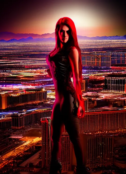 Image similar to full body portrait, vampire queen, blood, night shot of las vegas in background, highly detailed, CGsociety, subtle, concept art, HDR, hyper realistic, volumetric lighting, subsurface scattering, unreal