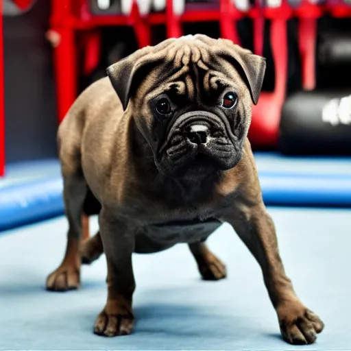 Image similar to brindle bullmastiff puppy boxing, punching heavy bag