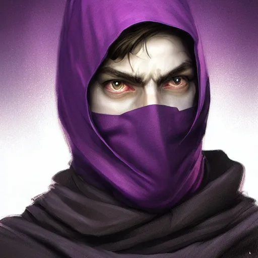 Image similar to ultra realistic illustration, man in a black hood, in a striped purple balaclava, mysterious, highly detailed, digital painting, artstation, concept art, smooth, sharp focus, illustration, art by artgerm and greg rutkowski and alphonse mucha