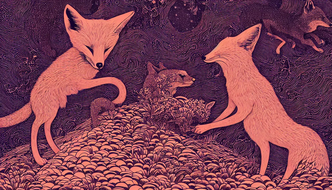 Image similar to fox by woodblock print, nicolas delort, moebius, victo ngai, josan gonzalez, kilian eng