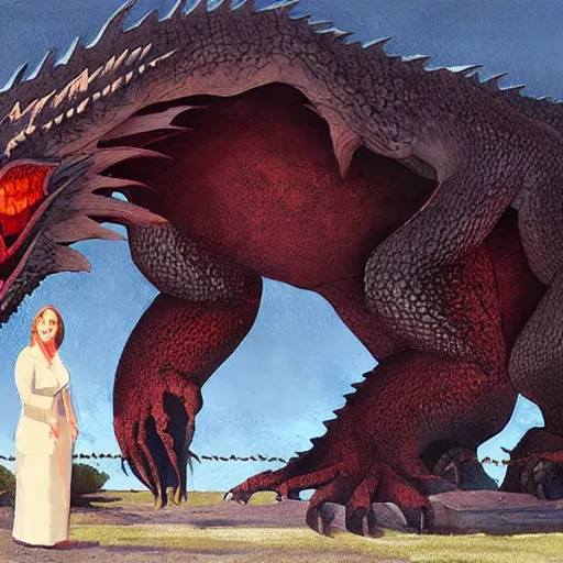 Prompt: a woman is standing next to a large dragon, art by steve ferris