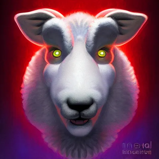 Image similar to pixar character, wolve in sheep's clothing, neon accents, holographic colors, desaturated headshot portrait digital painting by leyendecker,